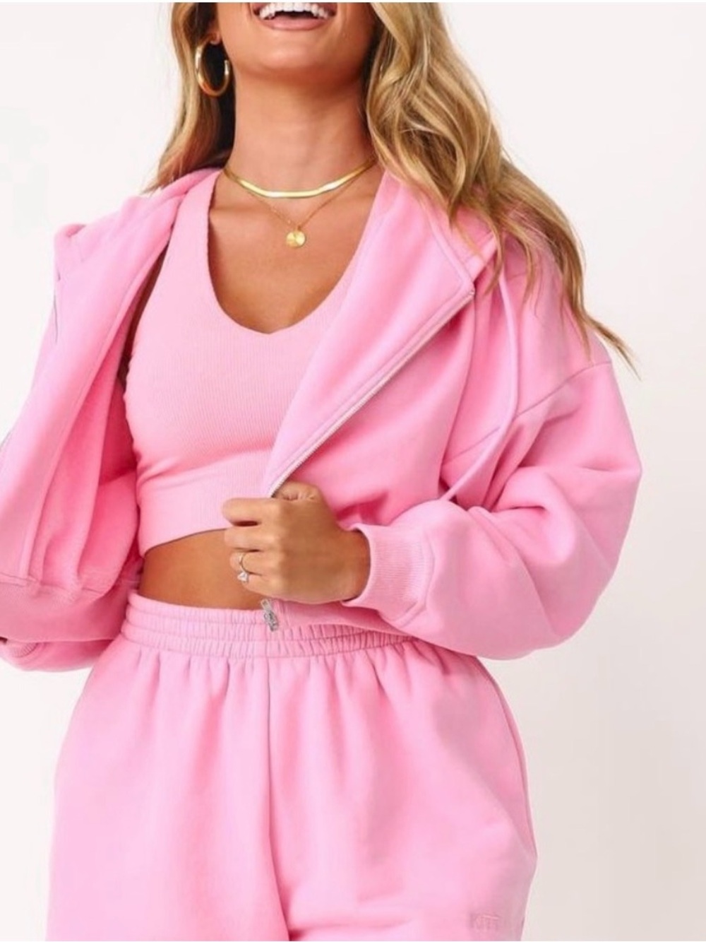 Kittenish Soft Pink Three-Piece Lounge Set — Cropped Hoodie, Shorts & Sports Bra
